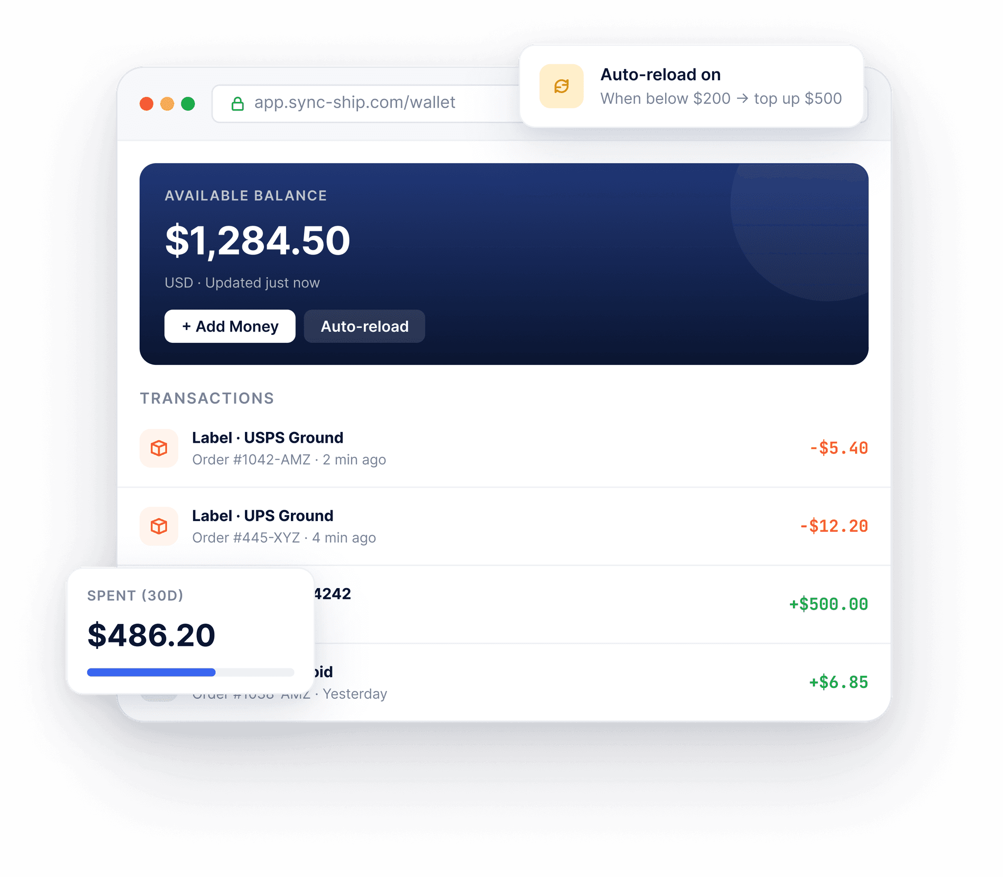 SyncShip dashboard showing live carrier rates and label printing
