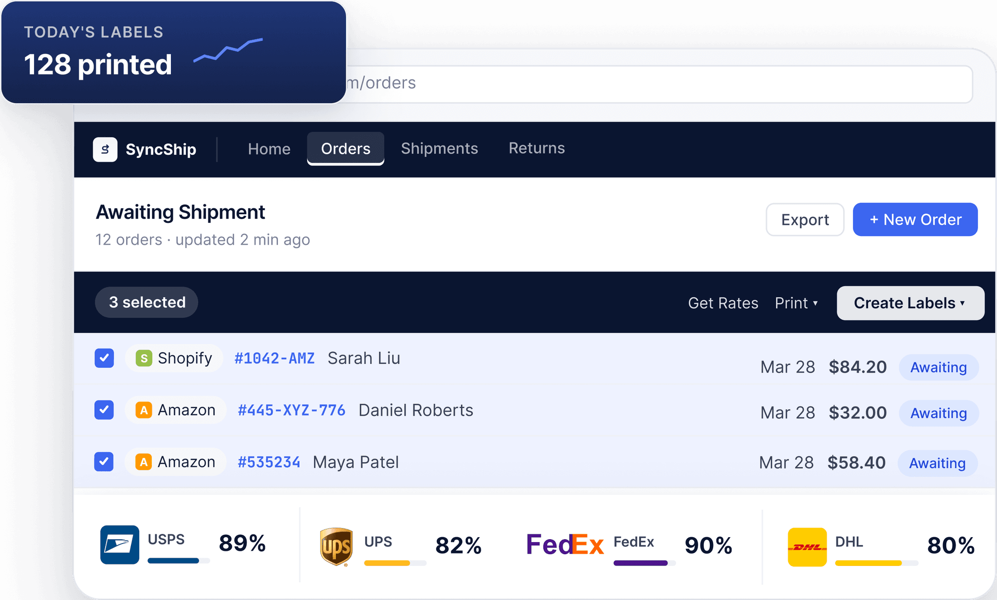 SyncShip dashboard showing live carrier rates and label printing