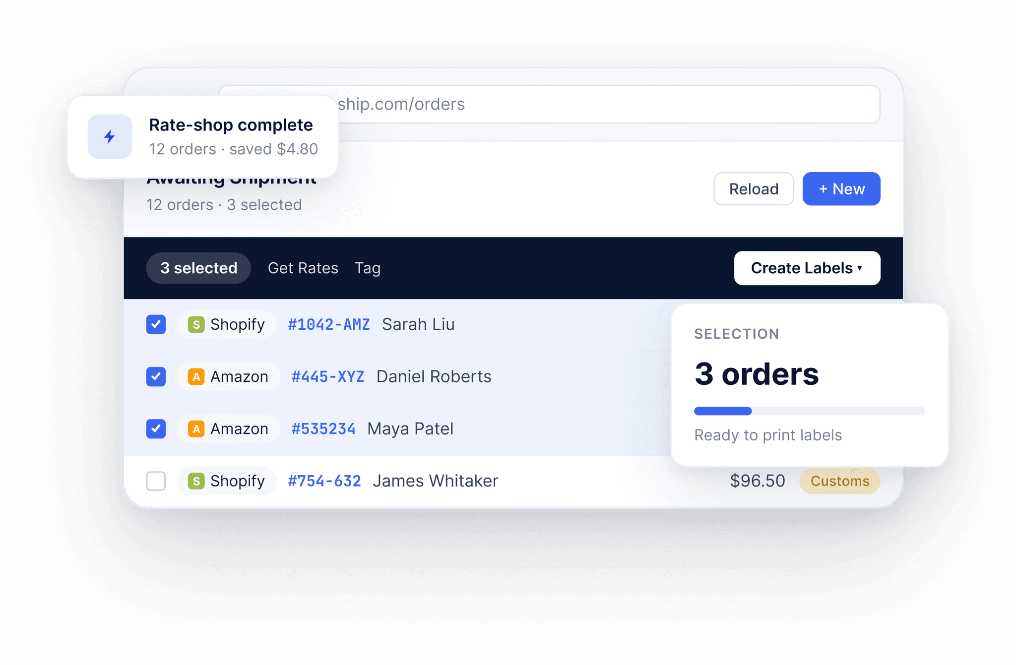 SyncShip dashboard showing live carrier rates and label printing